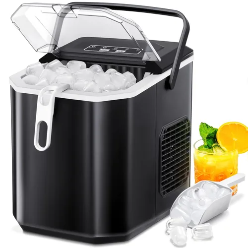 Xbeauty Máquina de hielo para encimera, máquina de hielo portátil con autolimpieza, 26 libras/24 horas, 9 cubitos de hielo/8 minutos, cuchara de