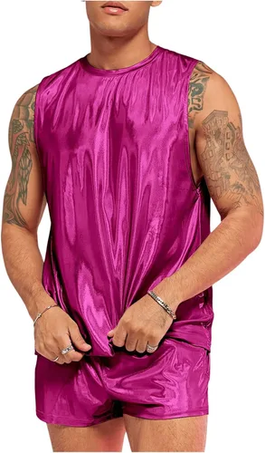 Miniatura 4 de WDIRARA Conjunto de 2 piezas para hombre, camiseta sin mangas holográfica y pantalones cortos con cordón