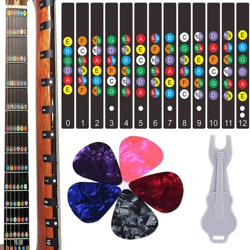 Adhesivos para diapasón de guitarra Kimlong, calcomanías con código de colores para principiantes con mapa de trastes para práctica, para guitarras