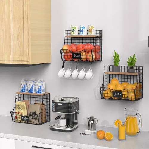 Miniatura 8 de Paquete de 3 cestas de frutas para cocina con tapa de madera - Almacenamiento de cebollas y papas montado en mostrador y pared con placa