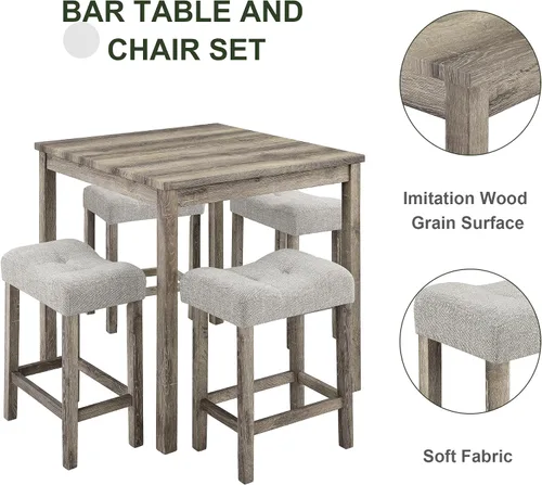 Miniatura 6 de Juego de mesa de desayuno de 34'' marrón cuadrado, juego de mesa de comedor de madera maciza con 4 sillas marrones para sala de estar, comedor, salón