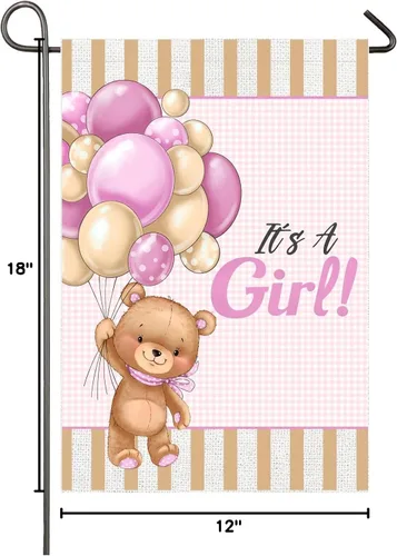 Miniatura 10 de Bandera de jardín con texto en inglés "It's A Girl" de doble cara de 12 x 18 pulgadas, globos de oso de peluche para bebé niña, decoración de patio