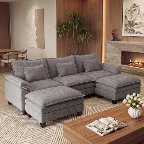 Miniatura 44 de URRED Cloud Couch Sofá Seccional Modular, Sofá Moderno en Forma de U de Asiento Profundo de 157", con 2 Otomanas y Almohadas, Sofás de Chenilla Azul
