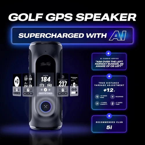 Miniatura 2 de Blue Tees Golf Player+ Altavoz GPS alimentado por IA - Pantalla táctil, batería de más de 10 horas, más de 40,000 campos, distancias visuales y Negro