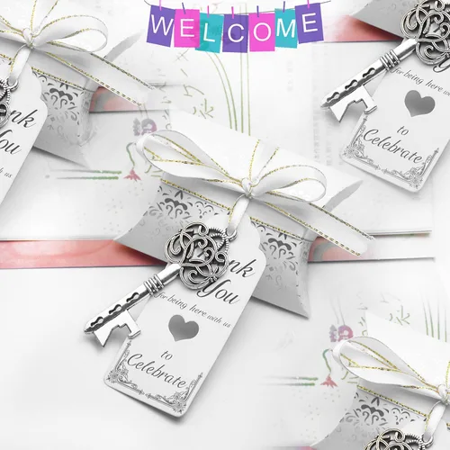 Miniatura 6 de Aokbean Juego de 50 piezas de abrebotellas con llave de esqueleto vintage, recuerdos de boda, regalo de recuerdo para invitados, caja de dulces