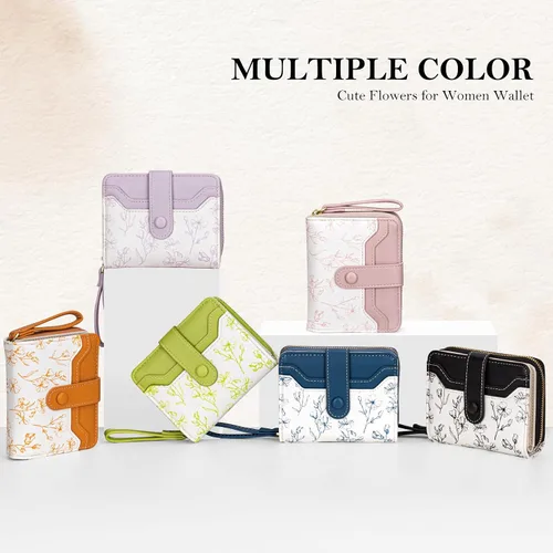 Miniatura 5 de BIAOTIE - Cartera para mujer con flores bonitas, con bloqueo RFID, tarjetero para tarjetas de crédito, monedero pequeño de dos pliegues