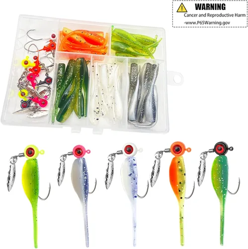 Miniatura 3 de 50 piezas de conjunto de señuelos para crappie - 2 pulgadas de cebo, cabezas de jig y anzuelos para pesca versátil A: 10 plantillas de 1/16 oz y 40