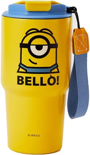 MINISO Minions - Vaso de viaje de acero inoxidable de 17 onzas con correa, botella de agua aislada al vacío con tapa y soporte para taza de café,