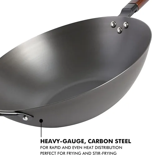 Miniatura 2 de Babish Wok de acero al carbono con fondo plano y sartén para saltear, 14 pulgadas