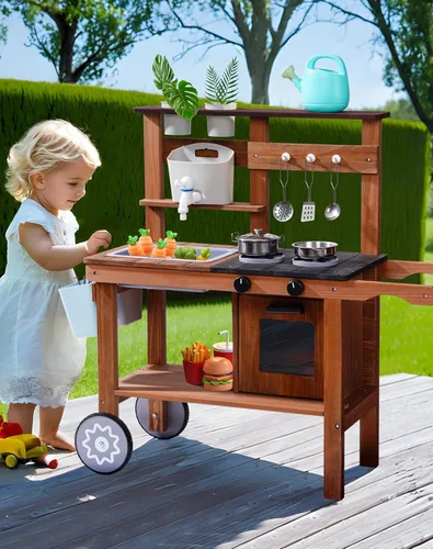 Miniatura 8 de ROBUD Cocina de barro para niños al aire libre con ruedas, cocina de madera al aire libre, cocina de barro para niños con fregadero y grifo
