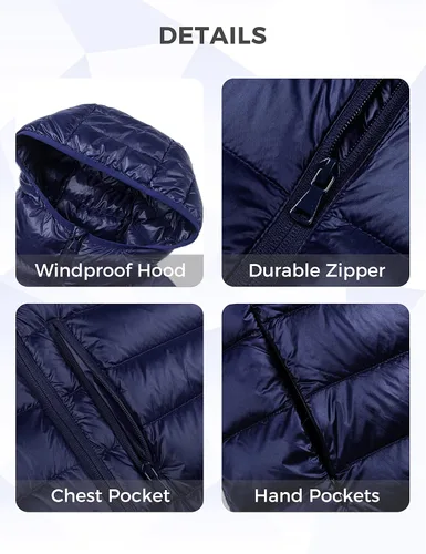 Miniatura 5 de wantdo Chaqueta de plumón plegable para hombre, chaqueta acolchada ligera con capucha para invierno