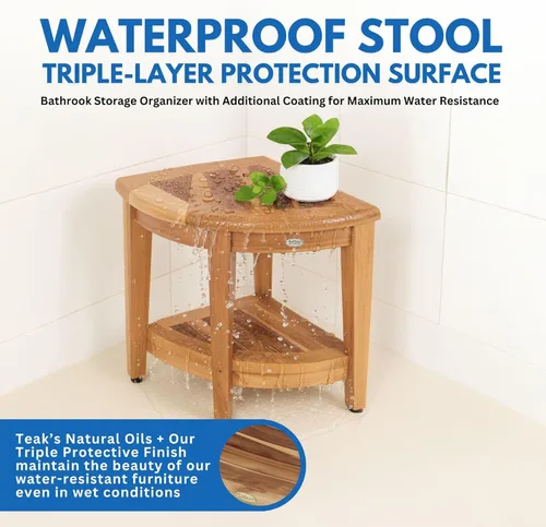 Miniatura 5 de EcoDecors Organizador de esquina de teca para ducha de 18 pulgadas, organizador de almacenamiento de madera impermeable con estante integrado
