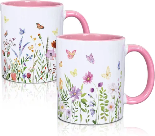 Whaline 2 tazas de café florales de primavera con asa, 12 onzas, acuarela, flores silvestres, mariposa, taza de cerámica para familiares amigos,