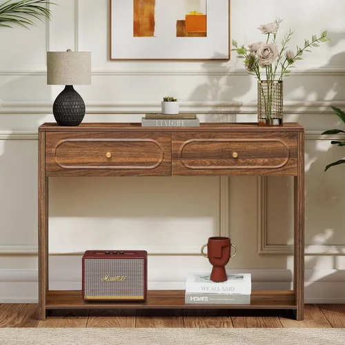 Miniatura 3 de ORRD Mesa consola acanalada con cajones, mesa de entrada estrecha de mediados de siglo con estantes de almacenamiento abiertos, mesas decorativas