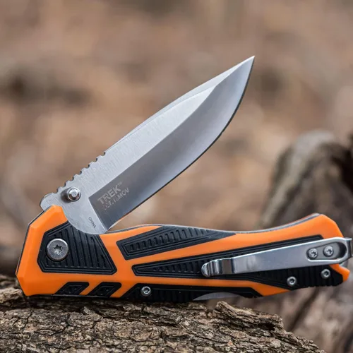 Miniatura 6 de Elk Ridge Outdoors - Cuchillo plegable manual - Trek, hoja de punta de gota de satén de borde fino, mango TPR naranja y negro, bloqueo trasero, clip