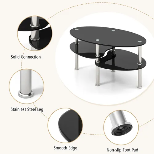 Miniatura 6 de Giantex Mesa de centro ovalada de vidrio templado transparente de 3 niveles con patas cromadas resistentes, mesa auxiliar de sofá pequeña, mesa