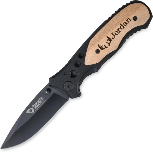 Palmetto Wood Shop - Cuchillo de bolsillo grabado con láser, regalo para hombres | 3.25" Stainless Steel Blade, Real Wood Handle, Personalized Text