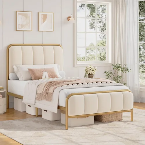 HITHOS Base de cama tamaño individual con cabecera tapizada con botones, base de colchón de metal resistente con listones de madera, fácil de
