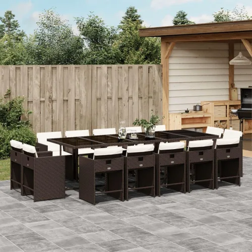 Miniatura 35 de 17-Piece Brown Poly Rattan Patio Dining Set with Cream White Cushions, Foldable Chairs and Tempered Glass Table for Outdoor Garden Backyard Patio