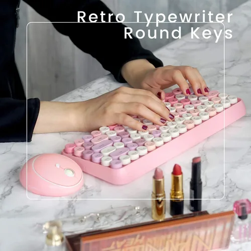 Miniatura 4 de Perixx PERIDUO-713 - Mini teclado inalámbrico y mouse, tapas redondas retro, rosa pastel, diseño en inglés de EE. UU