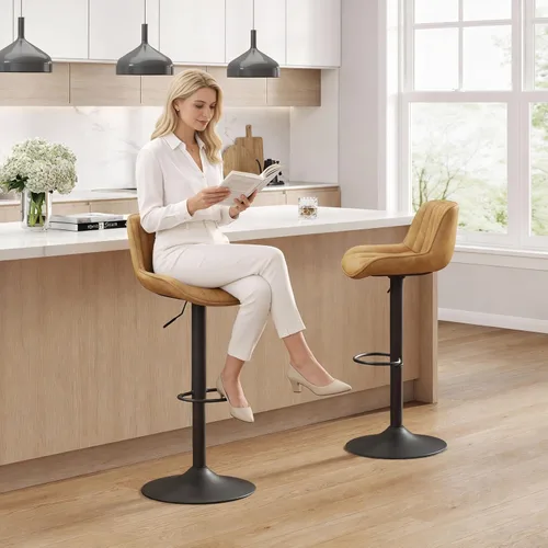 Miniatura 4 de Fat Ant Juego de 2 taburetes de bar ajustables de piel sintética, sillas de bar giratorias con respaldo, taburete de isla de cocina moderno tapizado