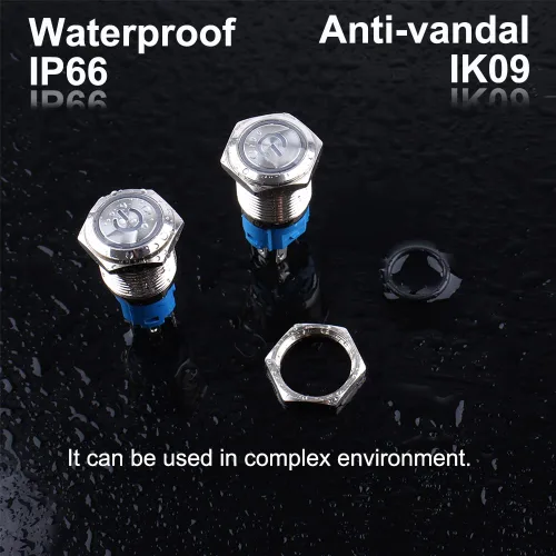 Miniatura 5 de 5 piezas de interruptor de botón de presión de cierre de metal de 16 mm impermeable, carcasa plateada, 12V-24V, 1NO 1NC, encendido/apagado