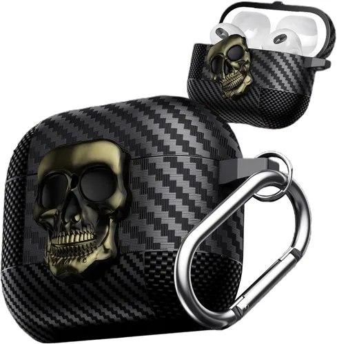 Miniatura 9 de Funda para AirPods Pro de 2ª generación, calavera con cerradura y llavero para hombres, divertida fibra de carbono de cuerpo completo, a prueba