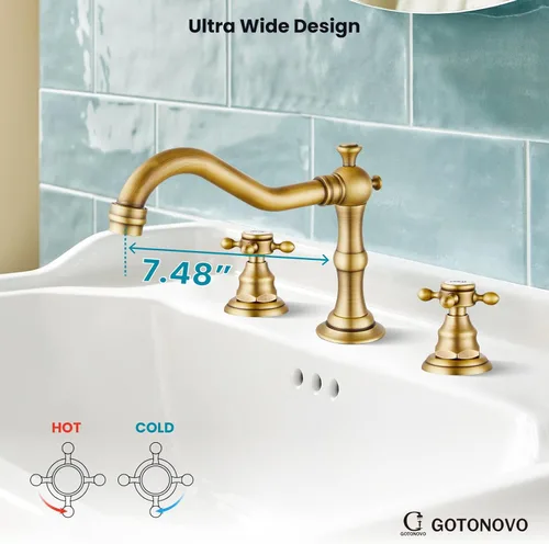 Miniatura 3 de gotonovo Grifo de baño de 3 agujeros y 8 pulgadas, grifo de lavabo de baño extendido, 2 asas cruzadas, grifo mezclador de tocador vintage con Latón