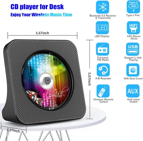 Miniatura 3 de Gueray Reproductor de CD portátil, reproductor de CD Kpop Bluetooth para escritorio con altavoz de sonido de alta fidelidad, radio FM, reproductor