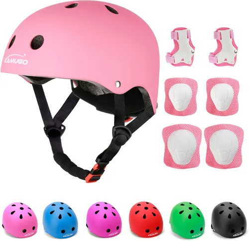 KAMUGO - Casco ajustable para niños, con equipo de protección deportiva, rodilleras, coderas, muñequeras para niños de 2 a 8 años, para niños y Rosa