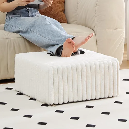 Miniatura 10 de Tiita Puf Otomán Redondo Relleno, Pufs de Piel Sintética a Rayas con Relleno de Trozos de Espuma, Puf Peludo y Esponjoso de 21 x 21 x 12 pulgadas