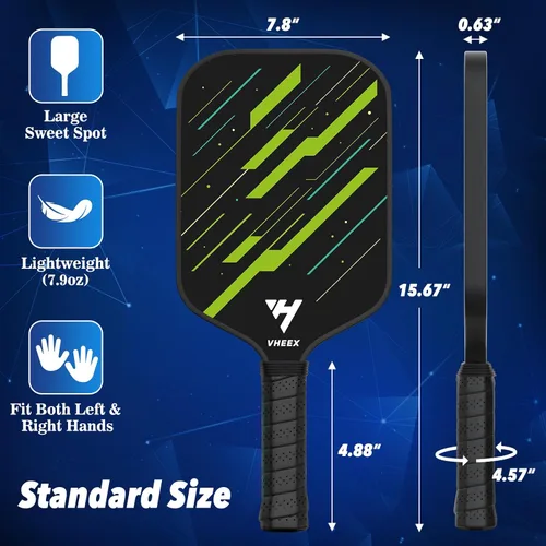 Miniatura 5 de Juego de 4 palas de pickleball de fibra de carbono de 0.63 pulgadas, ligeras, silenciosas, para interiores y exteriores, equipo de pickleball con 4