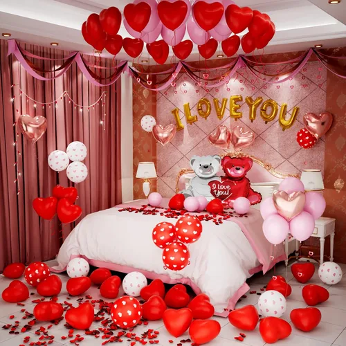 Kit de globos de feliz aniversario y propuesta: globos románticos con texto en inglés "I Love You, Heart, Bear Balloons, 1000pcs Rose Petals para