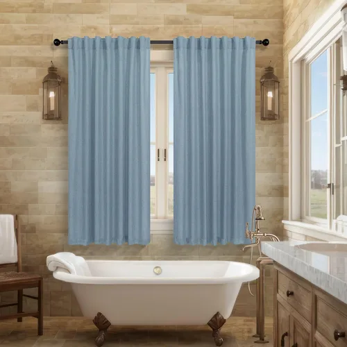 Miniatura 58 de Cortinas de lino azul de 84 pulgadas de largo para sala de estar; juego de 2 paneles con lengüeta trasera; cortinas con dobladillo para barra; Azul