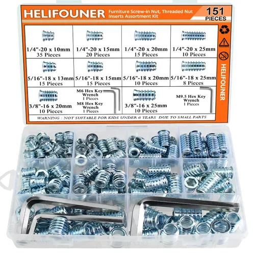 Miniatura 11 de Insertos roscados de 1/4-20, insertos de madera, insertos roscados de acero para tornillo de muebles de madera, kit de 145 piezas de insertos