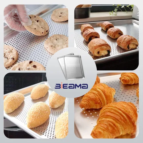 Miniatura 9 de BIEAMA Paquete de 12 bandejas perforadas de aluminio de tamaño medio de 18 x 13 pulgadas, bandejas de galletas para equipos de panadería comercial