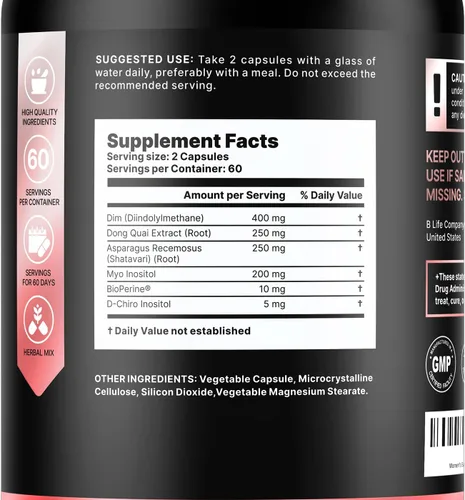 Miniatura 7 de B Life Company Suplemento DIM 400 mg con Myo & D-Chiro Inositol, Dong Quai - Equilibrio Hormonal para Mujeres - Suplementos de fertilidad