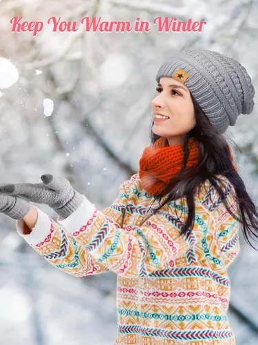 Miniatura 7 de Juego de 6 guantes de invierno, 3 sombreros de punto de invierno y 3 pares de guantes cálidos para pantalla táctil para mujeres y hombres al aire