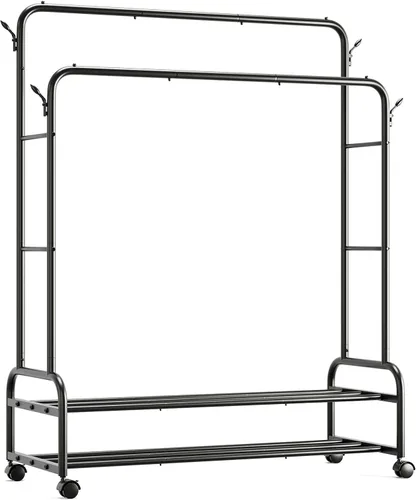 Miniatura 8 de TigerParty Perchero de doble barra para colgar ropa, perchero rodante con ruedas, estantes de ropa independientes con 2 estantes para dormitorio