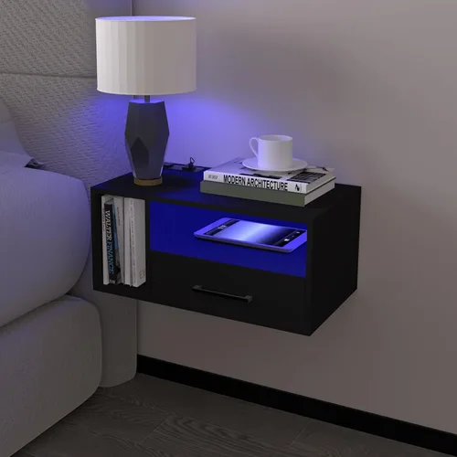 Homaterial Mesita de noche flotante con estación de carga y luces LED, mesita de noche flotante con cajones, mesitas de noche montadas en la pared,