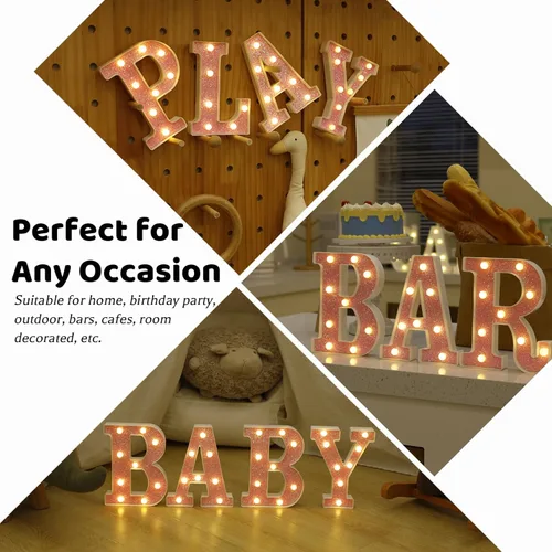 Miniatura 7 de Letras con luces LED, letras de marquesina con brillantina rosa, letras del alfabeto, letreros iluminados por pilas, para decoración de fiestas