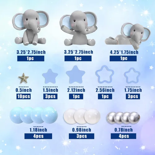 Miniatura 2 de 32 piezas de decoración de pastel de elefante con mini elefante, bolas de perlas azules y blancas para suministros de cumpleaños con temática