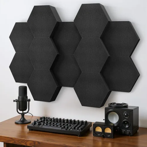 Miniatura 12 de Paneles Acústicos Hexagonales Autoadhesivos para Pared, Paquete de 12 Baldosas Absorbentes de Sonido para Paredes y Puertas, Panel Interior Negro