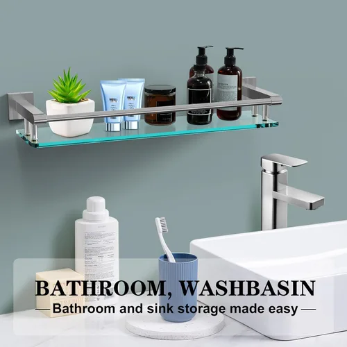 Miniatura 3 de Estante de vidrio de 20 pulgadas para baño, estantes de vidrio de níquel cepillado para pared con barandilla de acero inoxidable suave, estante