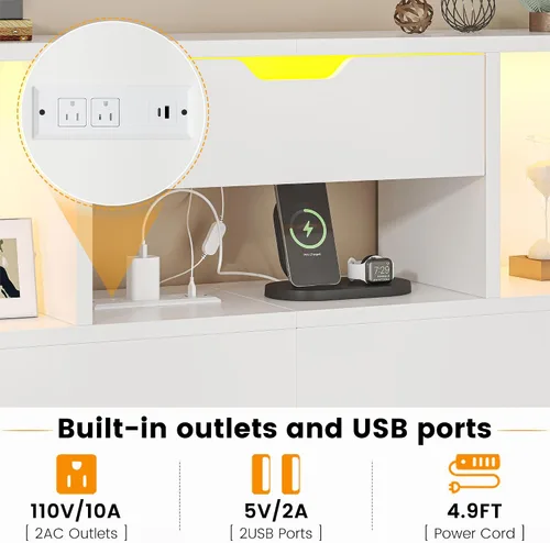 Miniatura 4 de Cabecero para cama tamaño Queen con estante de almacenamiento y cajones, cabeceros profundos de madera con estación de carga y luces LED, cabecera