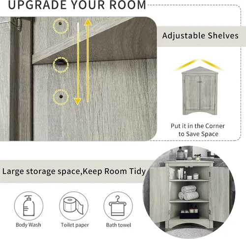 Miniatura 7 de Bellemave Armario de almacenamiento esquinero con 2 puertas y estantes ajustables de 2 niveles, armario de baño independiente para baño, sala