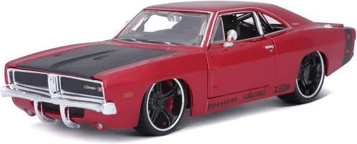 1969 Dodge Charger R/T Rojo Metálico con Capucha Negra y Rayas Negras Classic Muscle 1/25 Modelo de Auto Fundido a Presión por Maisto