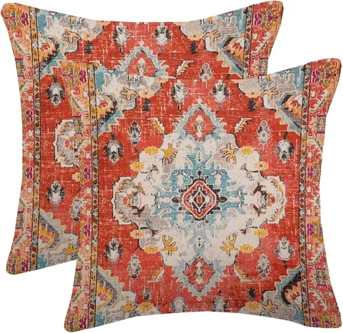 Juego de 2 fundas de almohada vintage bohemias de 16 x 16 pulgadas, fundas de almohada decorativas de lino con patrón étnico antiguo rojo verde