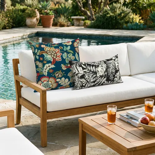 Miniatura 247 de Juego de 2 almohadas para exteriores de 16 x 16 pulgadas, repelentes al agua con interiores, para muebles de patio, hogar, jardín, geometría bohemia