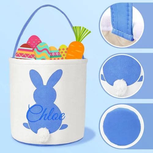 Miniatura 3 de Cesta de lona de Pascua personalizada con asa, cubo de huevo y conejo, color azul